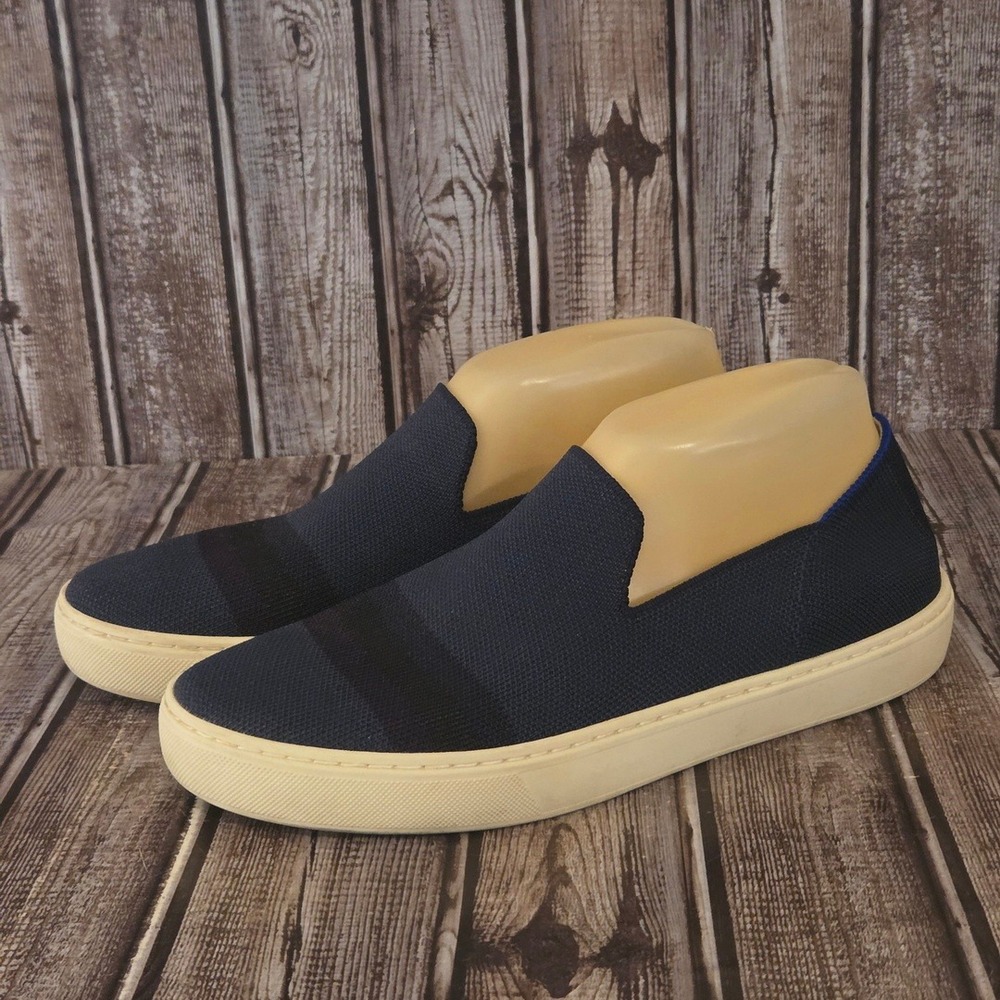 Sz 8.5 Womens Rothys The Sneaker Navy Black Stripe Slip On Flats Shoes VGUC!